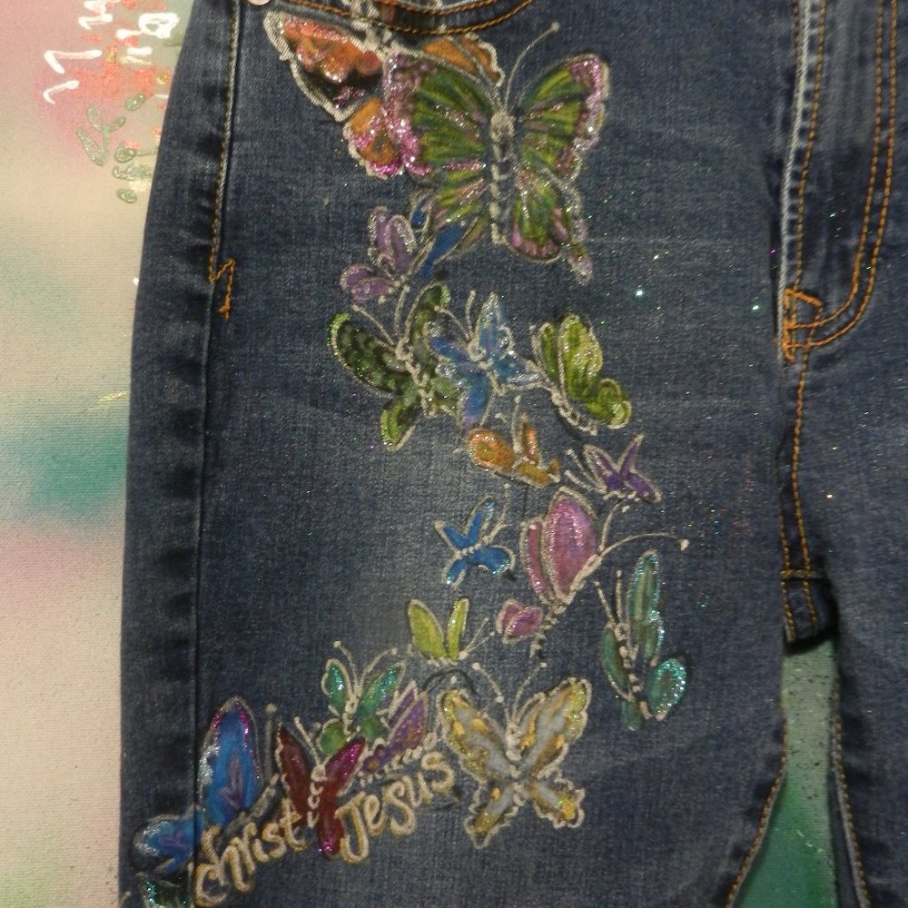 OOAK Metamorphosis butterfly statement jeans hand painted artisan denim SMALL - Picture 10 of 16